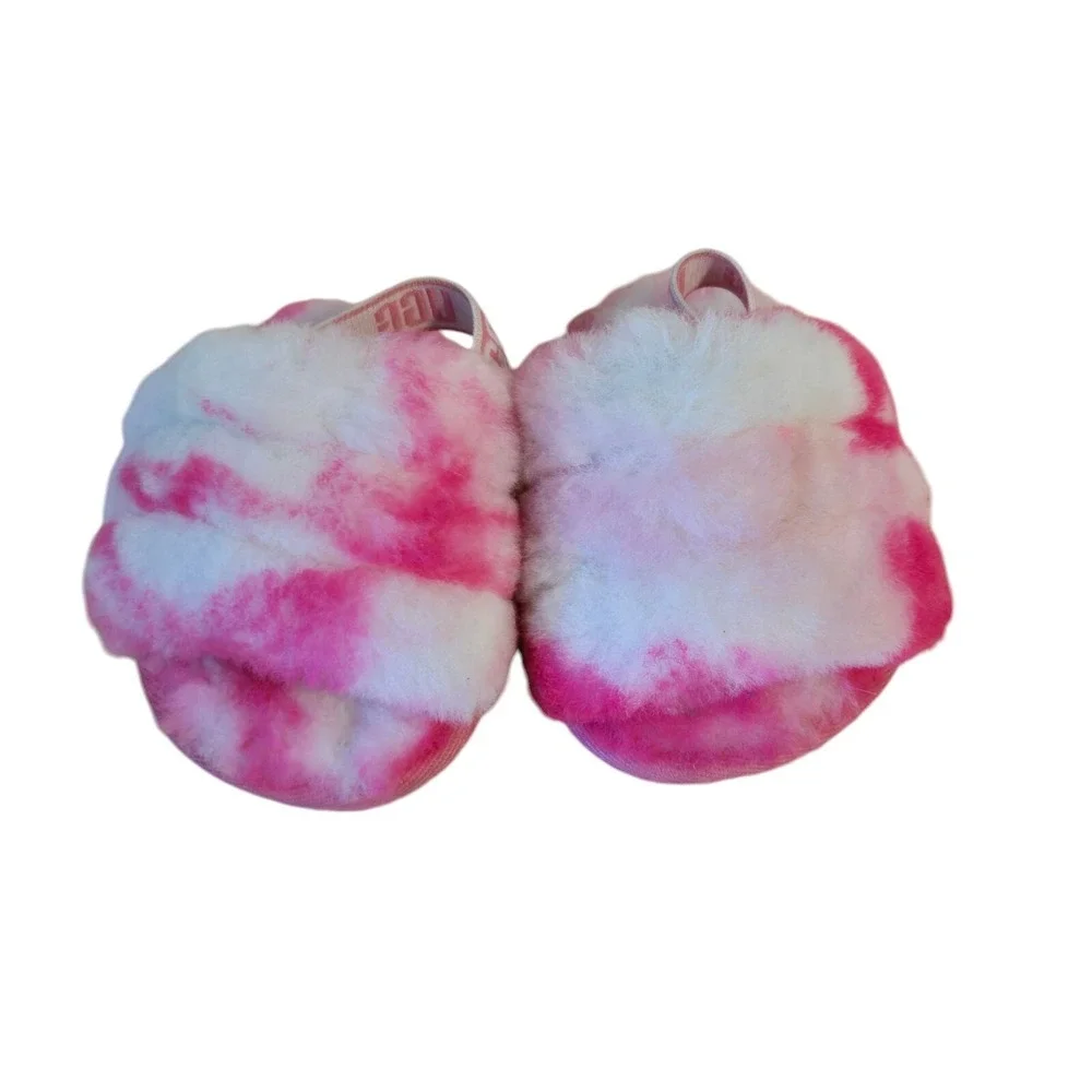 UGG Fluff Yeah Kids 2/3 Pink Tie Dye Fuzzy Fur Slingback Slides Sandals
